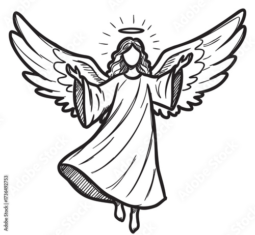 Artistic black and white angel illustration with halo and wings – retro hand drawn illustration