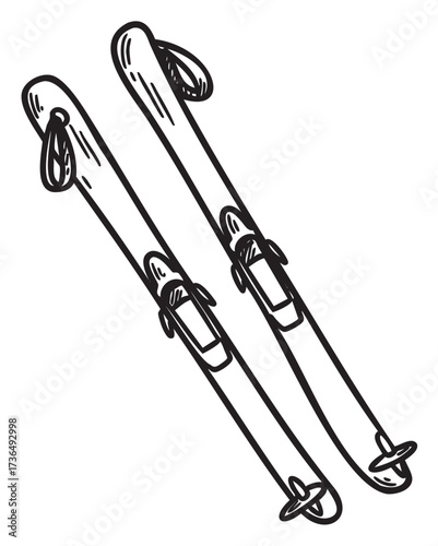Black and white illustration of ski poles with straps and tips – retro hand drawn illustration