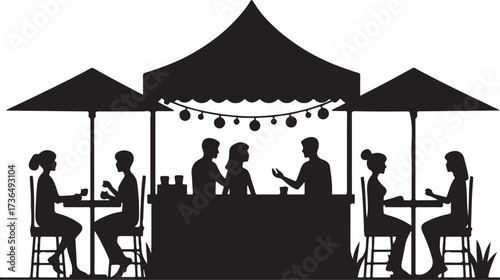 Silhouettes of people at outdoor cafe tables under tents