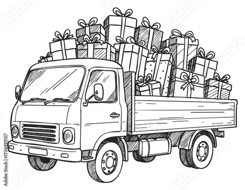 Classic truck loaded with gifts drawn in black and white outline – retro hand drawn illustration