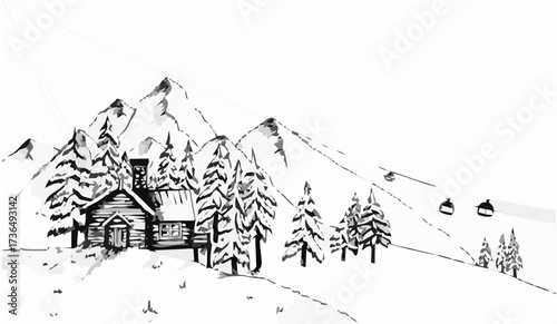 Hand drawn sketch of ski reso...