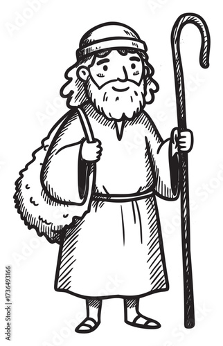 Cartoon illustration of smiling shepherd holding staff with bag – retro hand drawn illustration