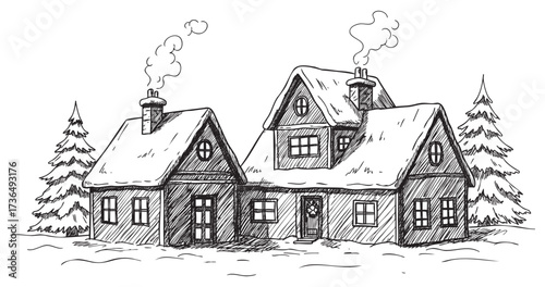Charming winter cabin sketch with snowy roof and pine trees in black and white – retro hand drawn illustration