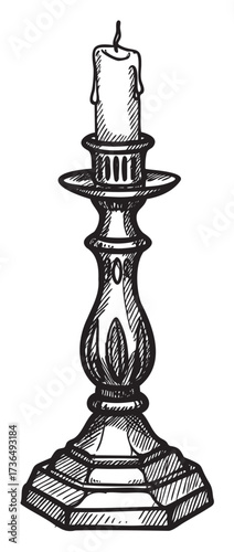 Intricate hand-drawn candlestick with burning candle on vintage holder – retro hand drawn illustration