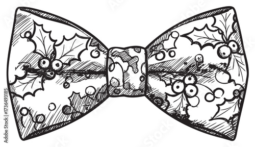 Hand-drawn holly pattern bow tie sketch with berries and leaves – retro hand drawn illustration