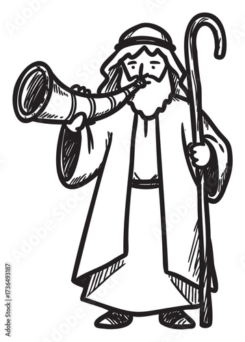 Cartoon of a male shepherd with a horn and staff in traditional robe – retro hand drawn illustration