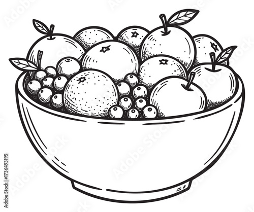 Black and white fruit bowl illustration featuring apples, oranges, and berries – retro hand drawn illustration
