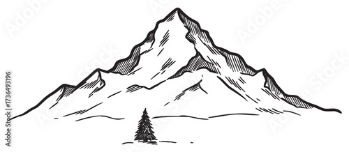 Detailed pen sketch of majestic mountain with lone tree in foreground – retro hand drawn illustration