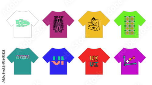 Collection of colorful t shirts with various graphic designs and text