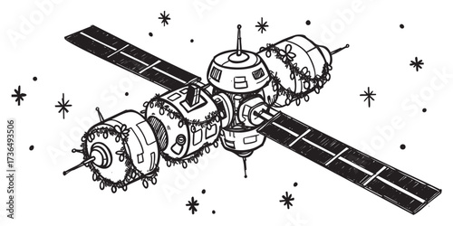 Illustrated space station with festive decorations in orbit – retro hand drawn illustration