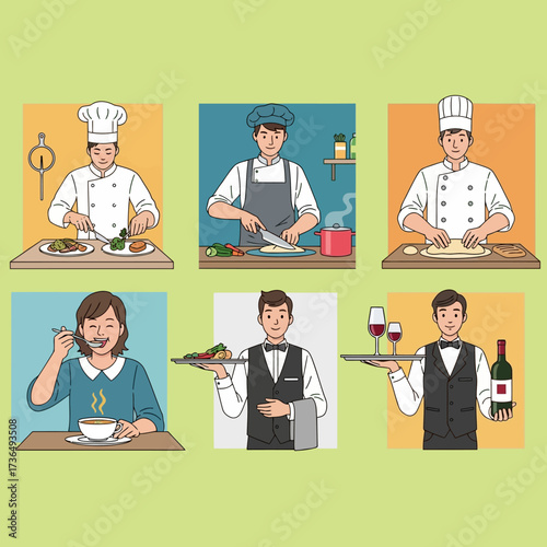 From kitchen preparation to elegant service, a set of illustrations showcasing chefs, waiters, and a satisfied customer