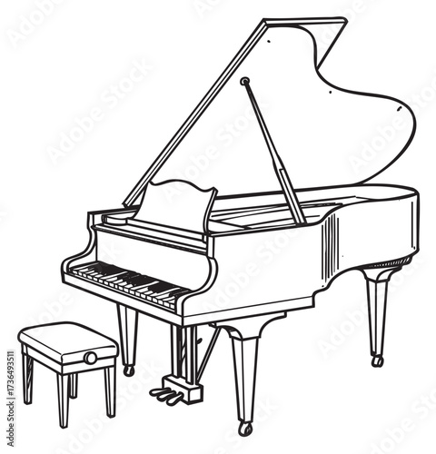 Black and white outline drawing of a grand piano with bench – retro hand drawn illustration