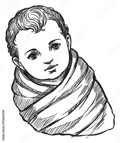 Hand-drawn portrait of swaddled baby with curly hair – retro hand drawn illustration