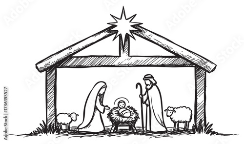 Nativity scene with baby jesus, mary, joseph, and sheep in a simple manger – retro hand drawn illustration