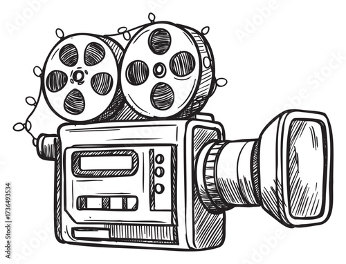 Vintage film camera sketch with reels and lens artwork – retro hand drawn illustration