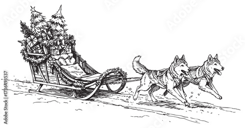 Christmas sled with huskies in snowy landscape line art illustration – retro hand drawn illustration