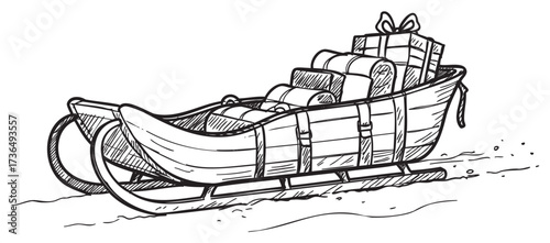 Festive sledge sketch loaded with wrapped gifts and rolls – retro hand drawn illustration
