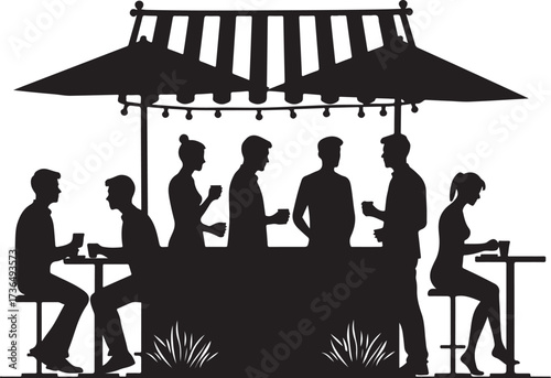 Silhouettes of people at outdoor cafe tables under striped awning