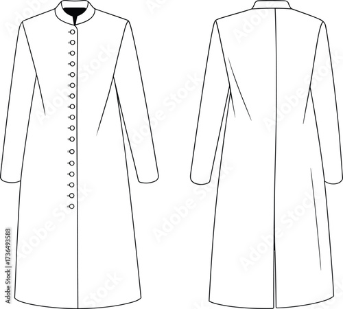 Fashion flat sketch of long buttoned coat with mandarin collar and long sleeves front and back technical vector illustration design