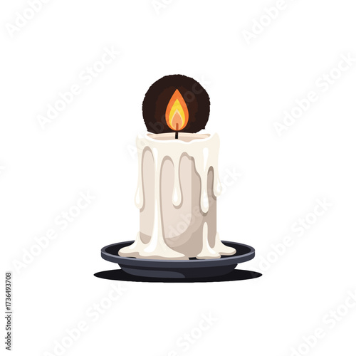 Eerie Halloween Lit White Candle with Dripping Wax on Dark Plate, Creating a Spooky Atmosphere