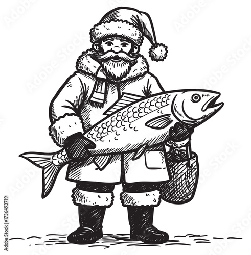 Santa claus holding fish with basket dressed in winter clothing drawing – retro hand drawn illustration