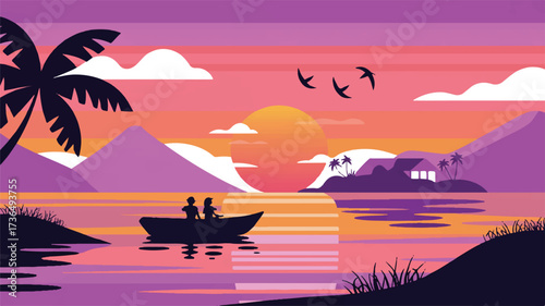 Vector art of a romantic sunset scene with a couple in a boat and birds flying above