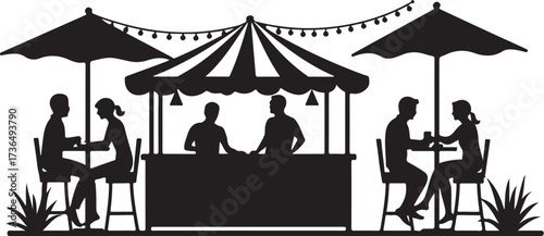Silhouettes of people at outdoor cafe tables and a vendor stall