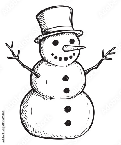 Cheerful hand-drawn snowman with top hat and stick arms in black and white – retro hand drawn illustration