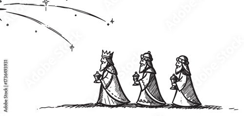 Three wise men following star in sketch art style – retro hand drawn illustration