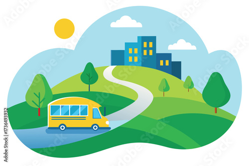 Illustration of Yellow School Bus on Road Towards Cityscape, Trees, and Sunny Sky