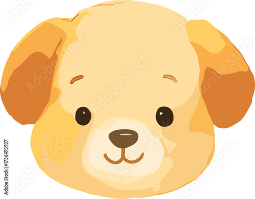 A cute cartoon illustration of a puppy’s face with floppy brown ears, big round eyes, and a cheerful smile in a kawaii style.