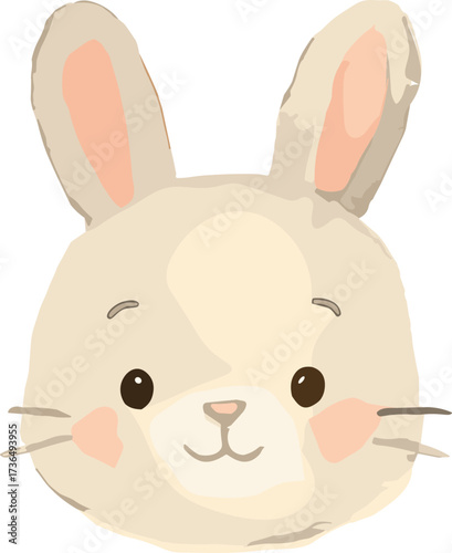 A kawaii cartoon bunny face illustration with big ears, round eyes, rosy cheeks, and a sweet smile.