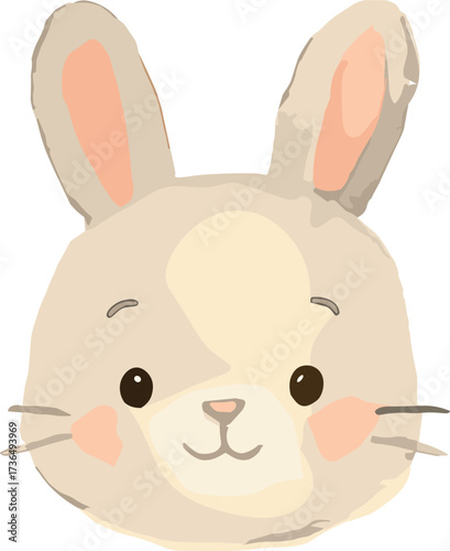A kawaii cartoon bunny face illustration with big ears, round eyes, rosy cheeks, and a sweet smile.