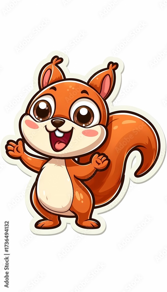 Obraz premium Cute squirrel character waving, happy cartoon mascot sticker. 
