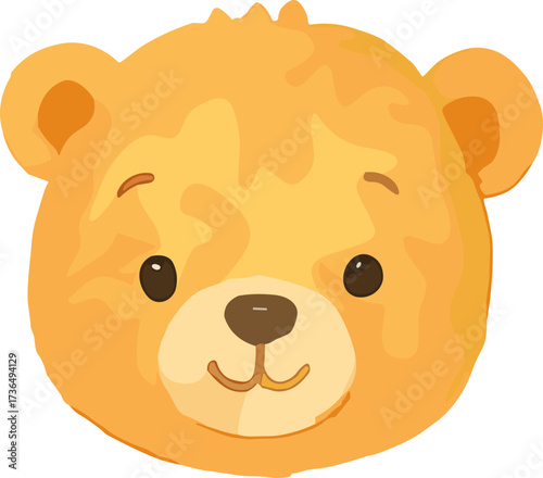 A cute cartoon bear face illustration with a golden-brown fur pattern, round eyes, and a friendly smile in a kawaii style.