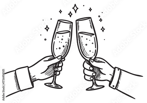 Celebratory toast: two hands holding champagne flutes with sparkles – retro hand drawn illustration
