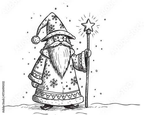 Hand-drawn santa wizard with wand in snowy scene – retro hand drawn illustration