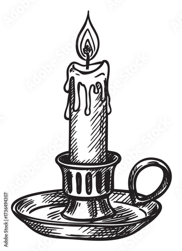 Sketch of dripping candle on vintage holder with handle – retro hand drawn illustration