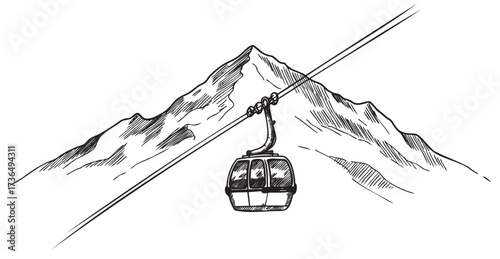 Cable car sketch against mountain in black and white – retro hand drawn illustration