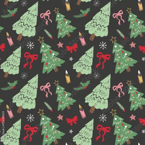 Christmas seamless pattern with cute chalk doodles. Dark background. Childlike playful style. Christmas tree, candle, bows
