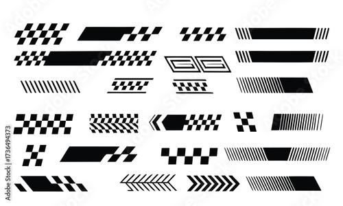set checkered flag designs, racing stripe speed, finish line motorsport vector Illustration


