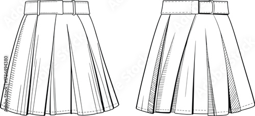 Fashion flat sketch of pleated skirt with waistband and belt design, technical clothing vector illustration template for apparel designers