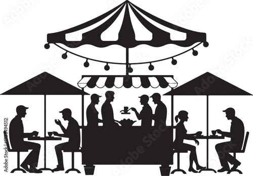 Silhouettes of people at outdoor cafe stalls and tables