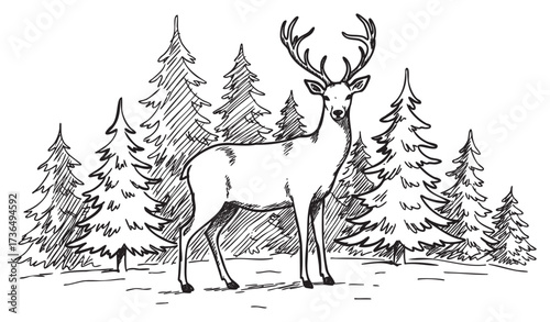 Majestic deer in pine forest illustration with detailed antlers and trees – retro hand drawn illustration