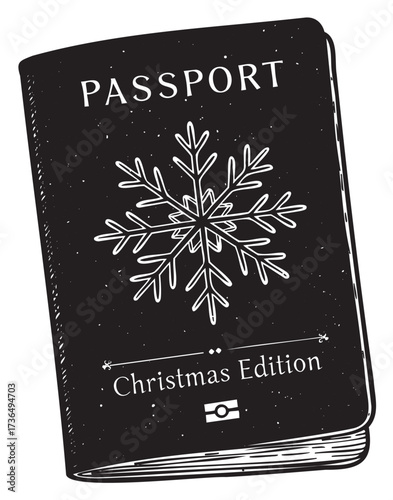 Winter-themed passport cover with snowflake design and christmas edition label – retro hand drawn illustration