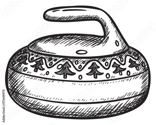 Hand-drawn curling stone with winter pattern in black and white line art – retro hand drawn illustration