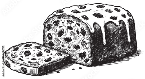 Hand-drawn fruitcake illustration with icing and nuts – retro hand drawn illustration