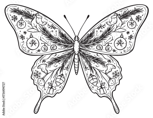 Intricate holiday-themed butterfly with ornaments and festive elements – retro hand drawn illustration