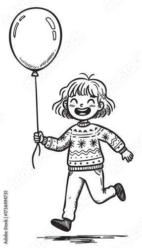 Joyful caucasian child holding balloon and running in sweater – retro hand drawn illustration