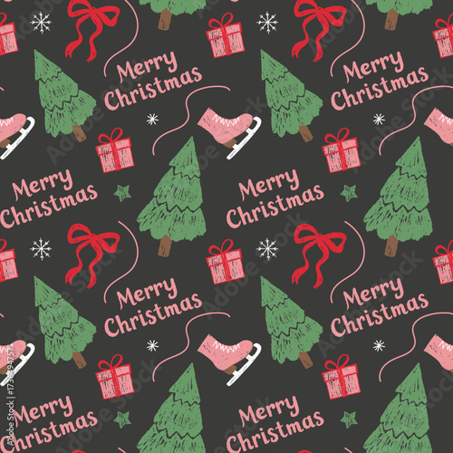 Christmas seamless pattern with cute chalk doodles. Childlike playful style. Dark background. Tree, gifts, text Merry Christmas